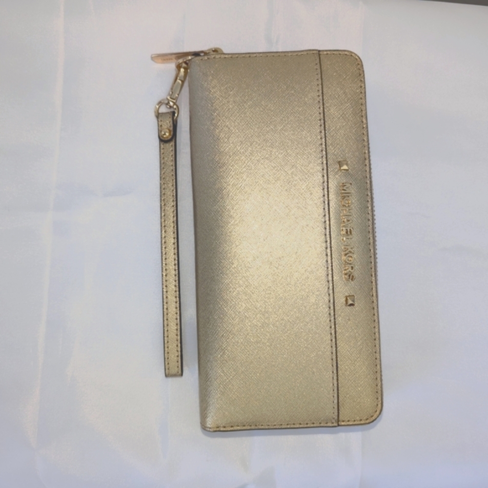 Michael Kors Gold Wallet with Metallic Finish and Wrist Strap